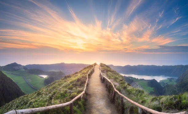 Mountain landscape Ponta Delgada island, Azores Mountain landscape with hiking trail and view of beautiful lakes Ponta Delgada, Sao Miguel Island, Azores, Portugal. landscape stock pictures, royalty-free photos & images