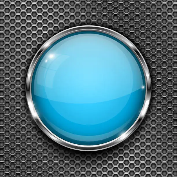 Vector illustration of Glass blue button with chrome frame, on metal perforated texture. Round shiny 3d icon