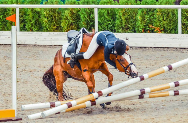 Young rider falling from horse during a competition. Horse show jumping accident. Equestrian sport background. bridle photos stock pictures, royalty-free photos & images