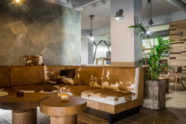 istock Animal printed sofa in lobby bar at winter resort 944825878