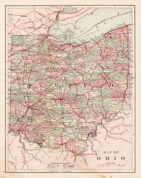 ilustraciones, imágenes clip art, dibujos animados e iconos de stock de mapa del estado de ohio usa 1881 - map ohio cartography usa