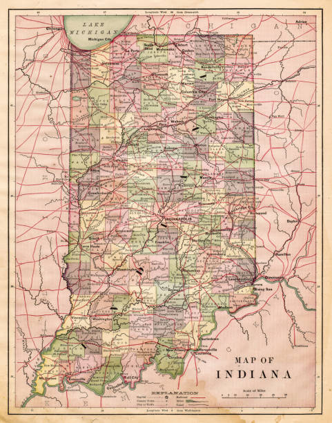Map of Indiana USA 1881 Harper's School Geography, New York, Harper's and Brothers, 1881. evansville indiana stock illustrations