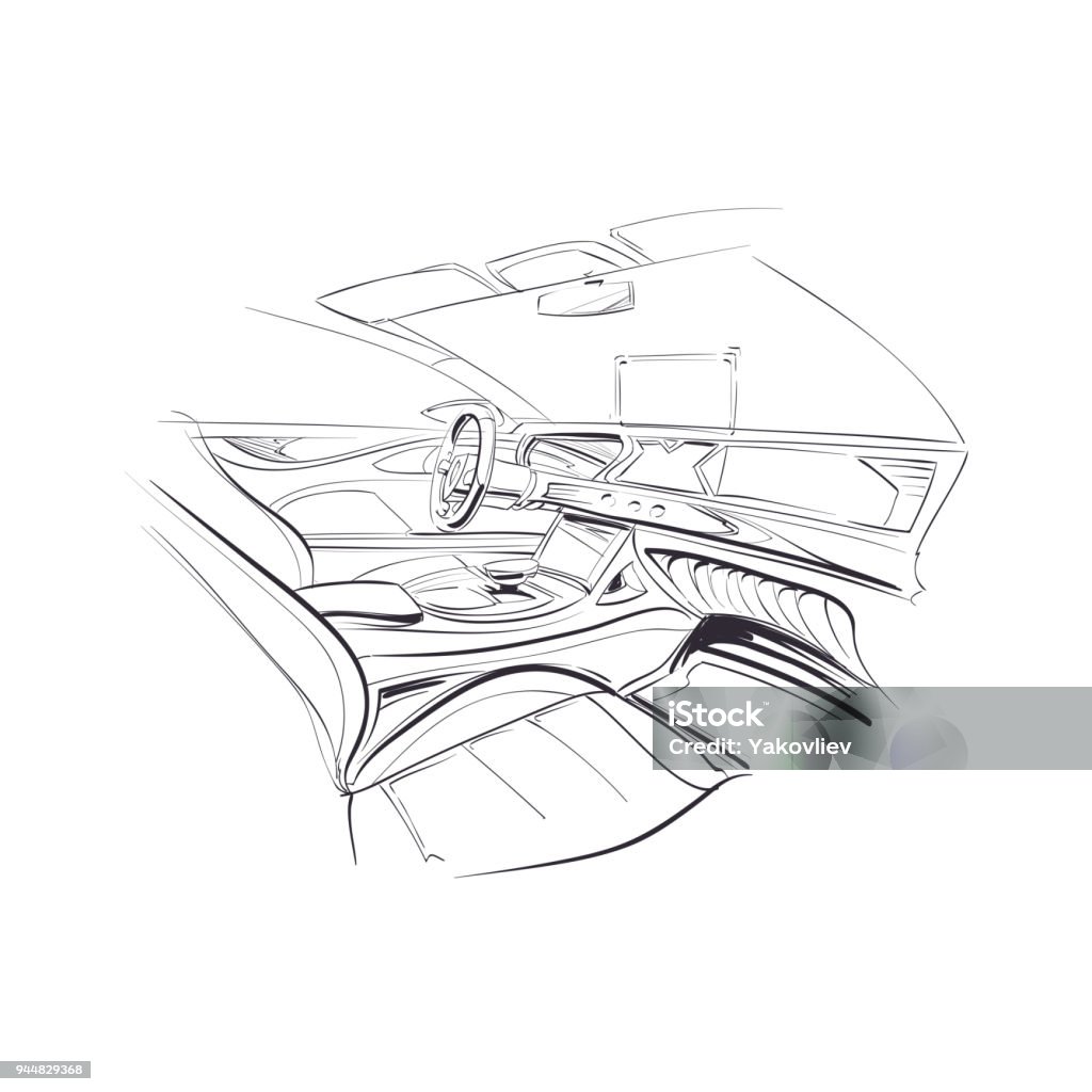 Hand drawn automobile interior. Car of the future. Vector illustration. Car stock vector