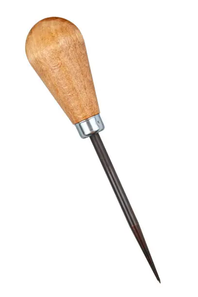 Wooden retro old styled awl isolated on white background with clipping path