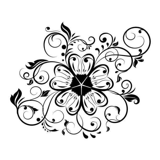 꽃 장식 장식입니다. 꽃 지점 - black and white scroll shape pattern illustration and painting stock illustrations