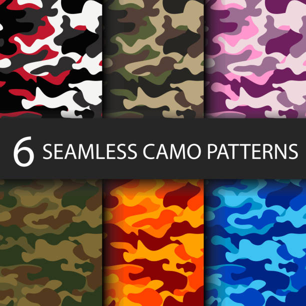 Set of 6 pack Camouflage seamless patterns background with black shadow. Classic clothing style masking camo repeat print. Bright colors of forest texture. Vector illustration web design and clothes. Set of 6 pack Camouflage seamless patterns background with black shadow. Classic clothing style masking camo repeat print. Bright colors of forest texture. Vector illustration web design and clothes disguise stock illustrations