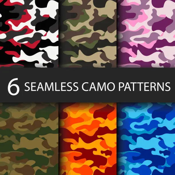 Vector illustration of Set of 6 pack Camouflage seamless patterns background with black shadow. Classic clothing style masking camo repeat print. Bright colors of forest texture. Vector illustration web design and clothes.