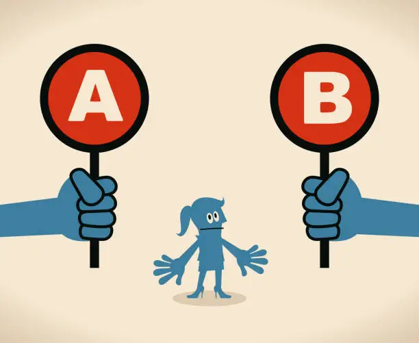 Vector illustration of Business woman (working mother) with two options to choose between A or B