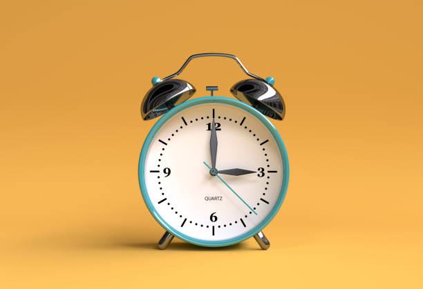 노란색 배경-3 시-3 그림 렌더링에 오래 된 알람 시계 - 시침 일러스트 뉴스 사진 이미지