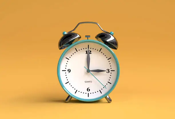 Photo of old alarm clock on yellow background - 3 o'clock - 3d illustration rendering