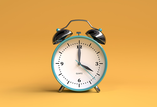 old alarm clock on yellow background - 4 o'clock - 3d illustration rendering