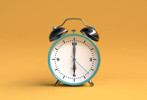 antigo relógio despertador em fundo amarelo - renderização de ilustração 3d - 06:00 - number 1 oclock single object clock - fotografias e filmes do acervo