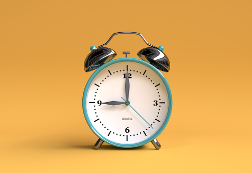old alarm clock on yellow background - 9 o'clock - 3d illustration rendering