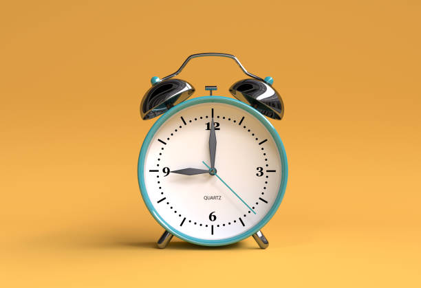 old alarm clock on yellow background - 9 o'clock - 3d illustration rendering old alarm clock on yellow background - 9 o'clock - 3d illustration rendering alarm clock stock pictures, royalty-free photos & images
