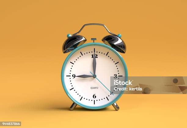 Old Alarm Clock On Yellow Background 9 Oclock 3d Illustration Rendering Stock Photo - Download Image Now