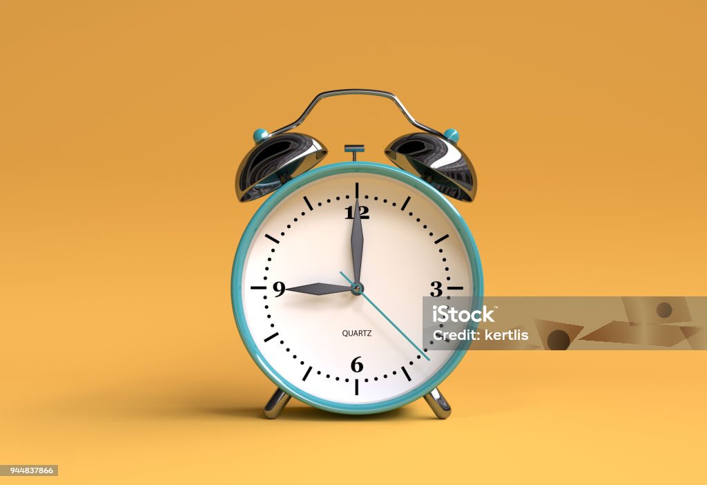 antigo relógio despertador em fundo amarelo - renderização de ilustração 3d 09:00 - Foto de stock de Relógio royalty-free