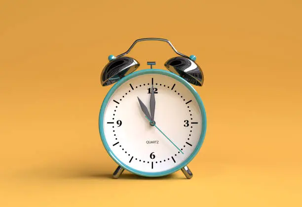 old alarm clock on yellow background - 11 o'clock - 3d illustration rendering