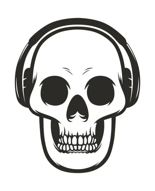 Vector illustration of Monochrome vector illustration of skull with headphones