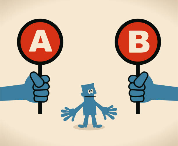 Businessman with two options to choose between A or B Blue Little Guy Characters Full Length Vector art illustration.Copy Space.
Businessman with two options to choose between A or B. large letter a stock illustrations