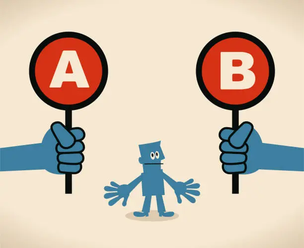Vector illustration of Businessman with two options to choose between A or B