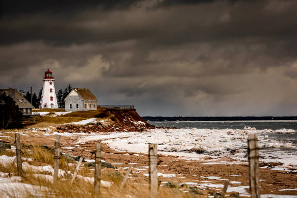 istock Panmure Island lighthouse on a stormy winter day wide angle. 944840716
