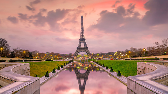 Eiffel Tower at sunrise from Trocadero Fountains in Paris, France