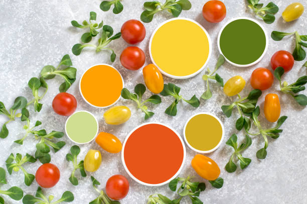 Multicolored cherry tomatoes, lamb salad and color samples