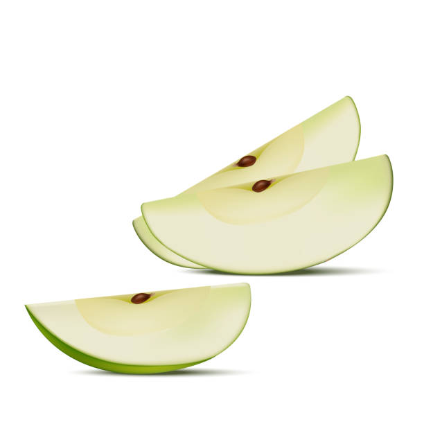 Green apple slices isolated on white background. Green apple slices isolated on white background. Realistic 3d vector. green apple slices stock illustrations
