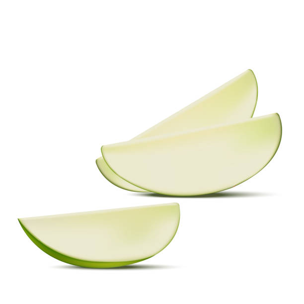 Green apple slices isolated on white background. Green apple slices isolated on white background. Realistic 3d vector. green apple slices stock illustrations