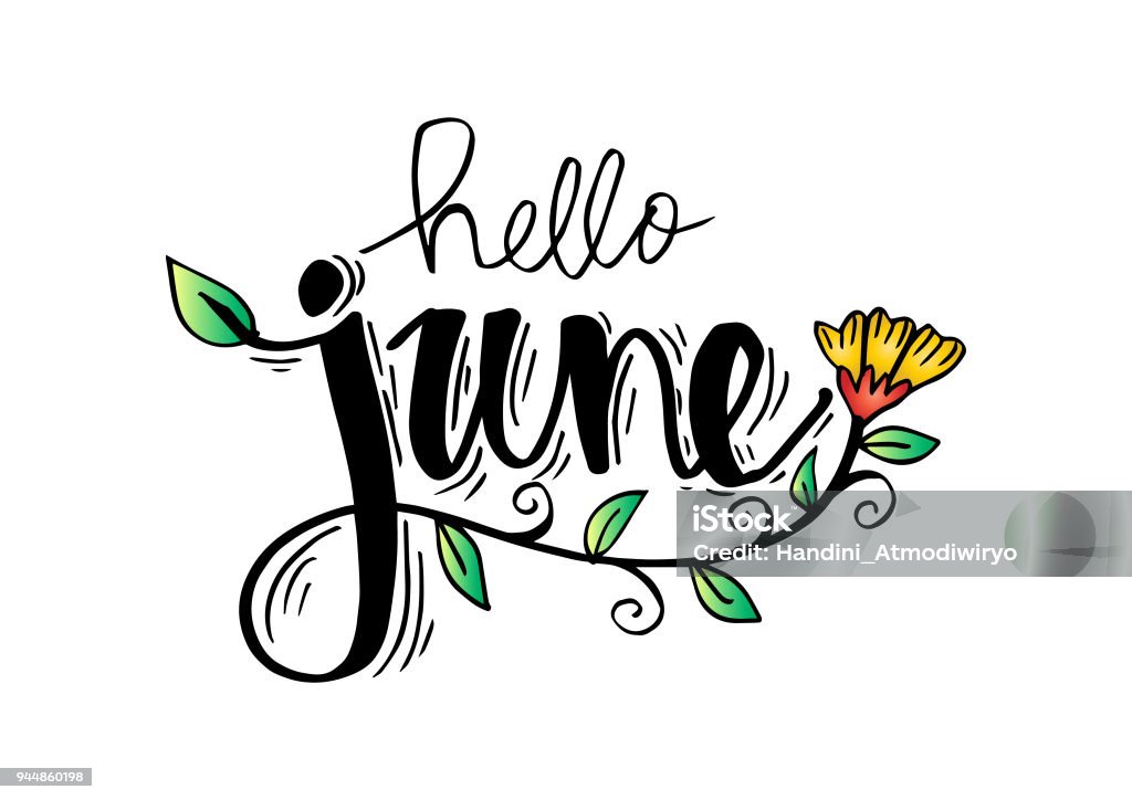 Hello June hand lettering, greeting card. June stock vector