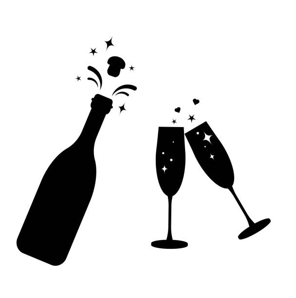 シャンパンのボトル ベクトル ガラス アイコン。ボトルとグラス 2 個は黒いシルエット アイコンです。新しい year.bottle 爆発コルクをトーストします。フラット カクテル シルエット ガラス。 - champagne celebration glass black点のイラスト素材／クリップアート素材／マンガ素材／アイコン素材