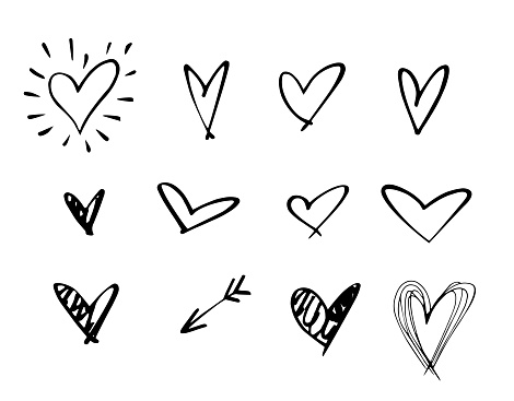 Set of outline hand drawn heart icon.Hand drawn doodle grunge heart vector set.Rough marker hearts isolated on white background. vector heart collection.Unique Painted.hand drawn arrow