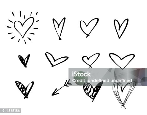 istock Set of outline hand drawn heart icon.Hand drawn doodle grunge heart vector set.Rough marker hearts isolated on white background. vector heart collection.Unique Painted.hand drawn arrow 944865186