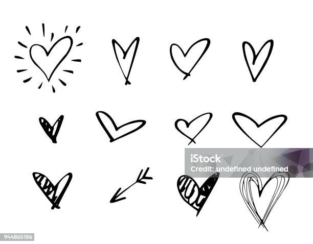 Set Of Outline Hand Drawn Heart Iconhand Drawn Doodle Grunge Heart Vector Setrough Marker Hearts Isolated On White Background Vector Heart Collectionunique Paintedhand Drawn Arrow Stock Illustration - Download Image Now