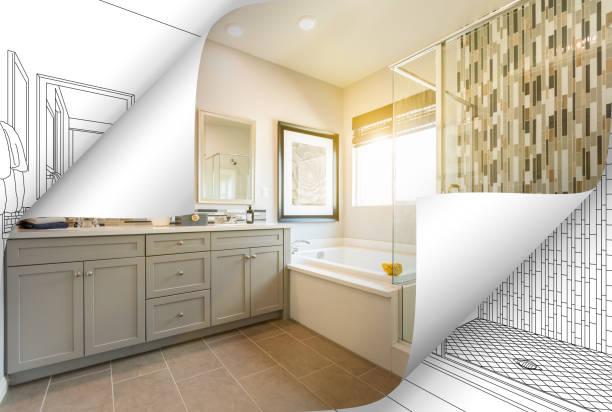 istock Master Bathroom Photo Page Corners Flipping with Drawing Behind 944867862