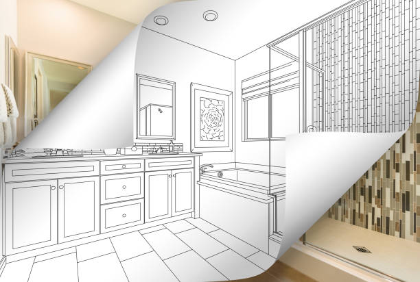 istock Master Bathroom Drawing Page Corners Flipping with Photo Behind 944867886