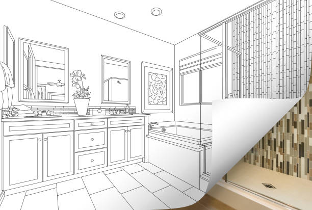 istock Master Bathroom Drawing Page Corner Flipping with Photo Behind 944867890