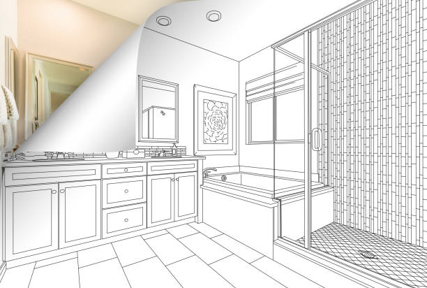 istock Master Bathroom Drawing Page Corner Flipping with Photo Behind 944867894