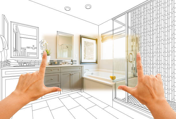 istock Hands Framing Custom Master Bathroom Photo Section with Drawing Behind 944867942