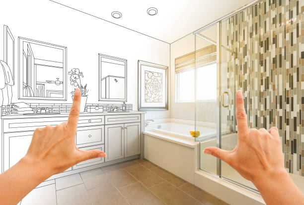 Hands Framing Custom Master Bathroom Drawing and Photo Gradation Hands Framing Custom Master Bathroom Photo Section with Drawing Behind. hand cropping photos stock pictures, royalty-free photos & images