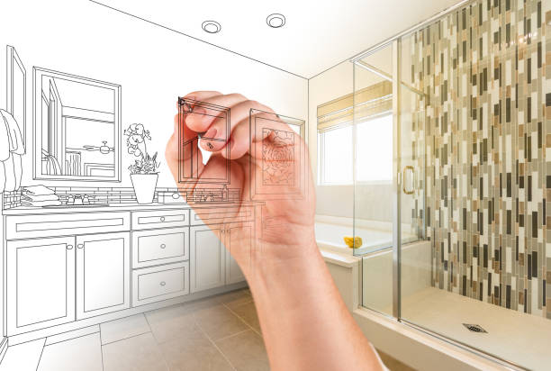 Hand Drawing Custom Master Bathroom with Photo Gradation Hand Drawing Custom Master Bathroom with Photo Gradation. bathroom designer shower house stock pictures, royalty-free photos & images