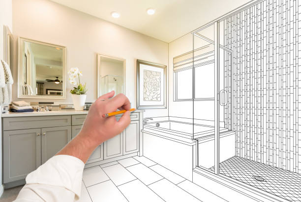 istock Hand Drawing Custom Master Bathroom with Cross Section of Finished Photograph. 944867964