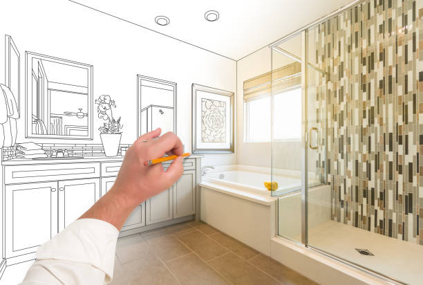 istock Hand Drawing Custom Master Bathroom with Cross Section of Finished Photograph. 944867968
