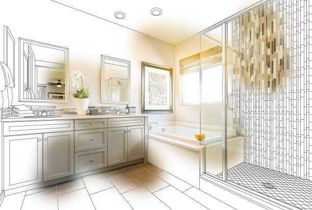 istock Custom Master Bathroom Design Drawing With Brush Stroke Revealing Finished Photo 944867976