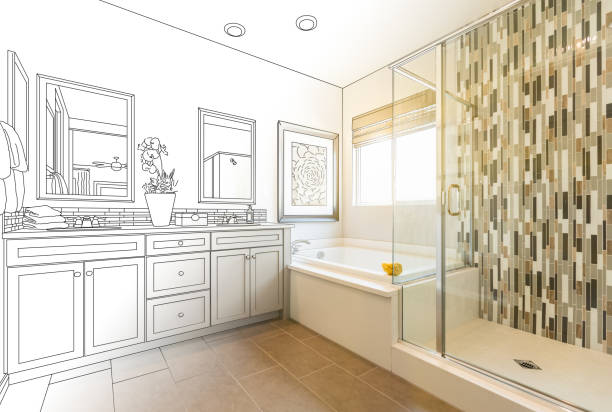 istock Custom Master Bathroom Design Drawing Gradating to Finished Photo 944867992