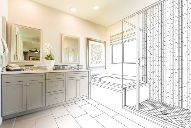 Custom Master Bathroom Design Drawing Gradating to Finished Photo Custom Master Bahroom Design Drawing with Cross Section of Finished Photo. home addition photos stock pictures, royalty-free photos & images
