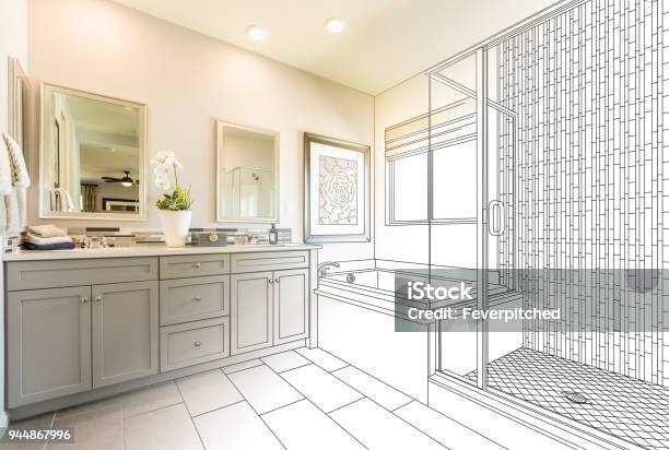 Custom Master Bathroom Design Drawing Gradating To Finished Photo Stock Photo - Download Image Now