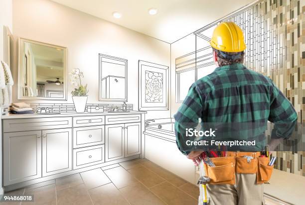 Contractor Facing Custom Master Bathroom Drawing And Photo Gradation Stock Photo - Download Image Now