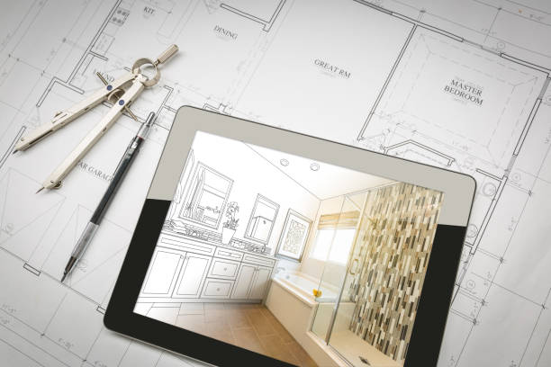 tablet per computer con master bathroom design over house plans, matita e bussola. - blueprint plan house home improvement foto e immagini stock