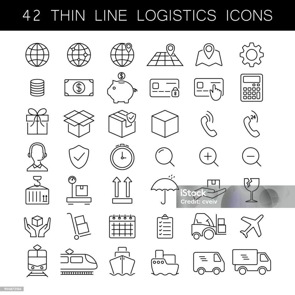 Thin line logistics icon set. Cargo and delivery service icons. Black outline, no fill, fully editable. Care stock vector
